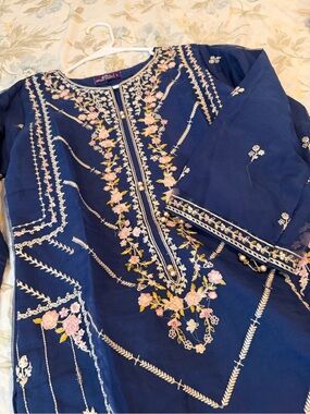 Navy Blue Embroidered Tunic with Pink Floral Detail